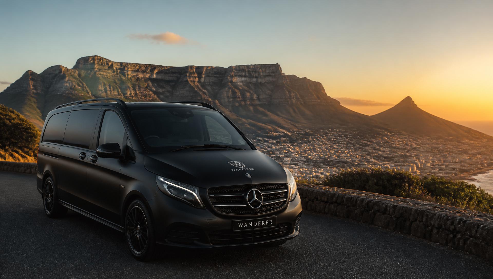 Matte-black Mercedes-Benz V-Class parked on a Cape Town lookout at sunset with Table Mountain behind