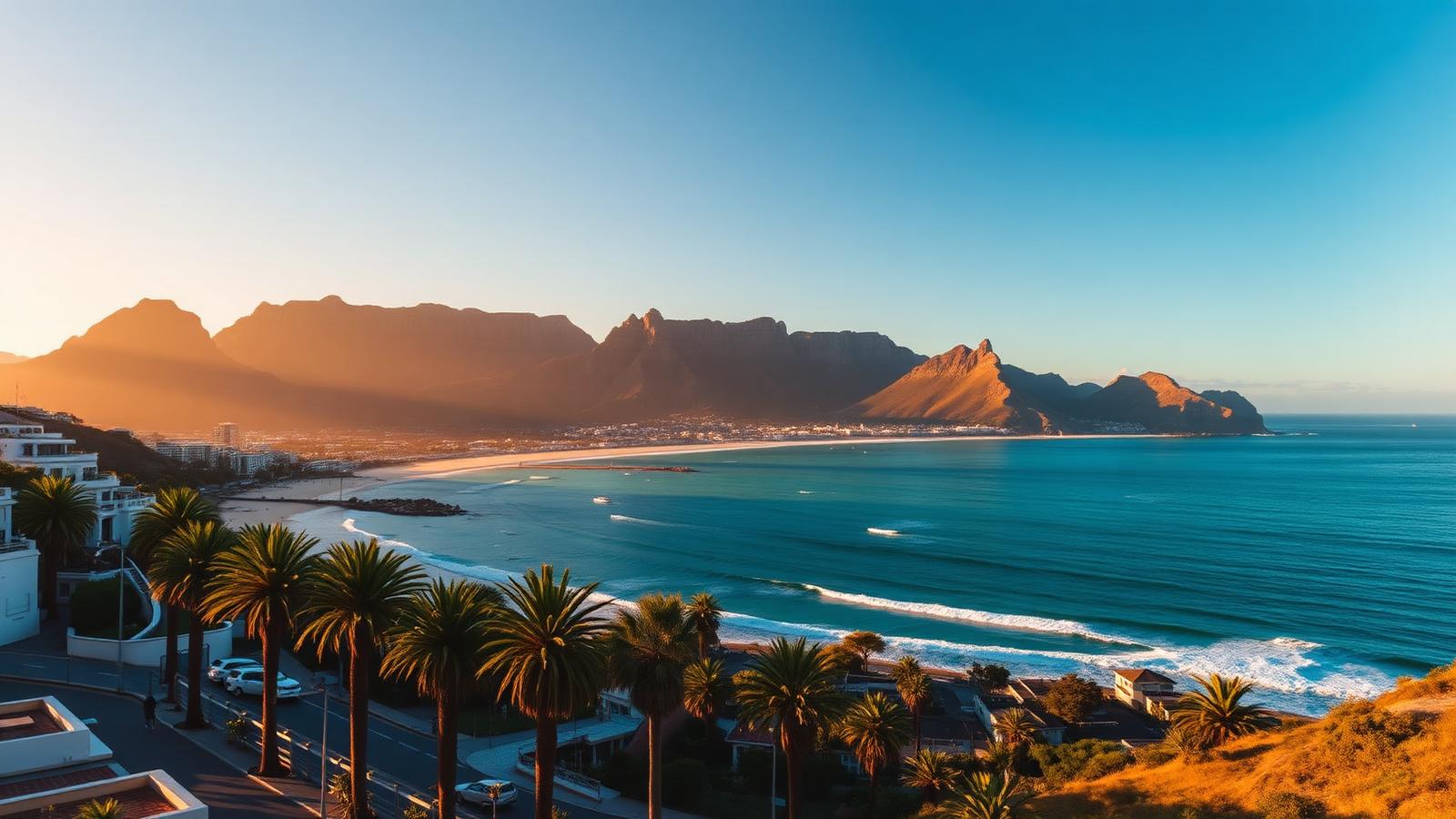 Camps Bay beach Cape Town at sunset with Twelve Apostles mountain backdrop and palm trees — best area for beach holidays and villas