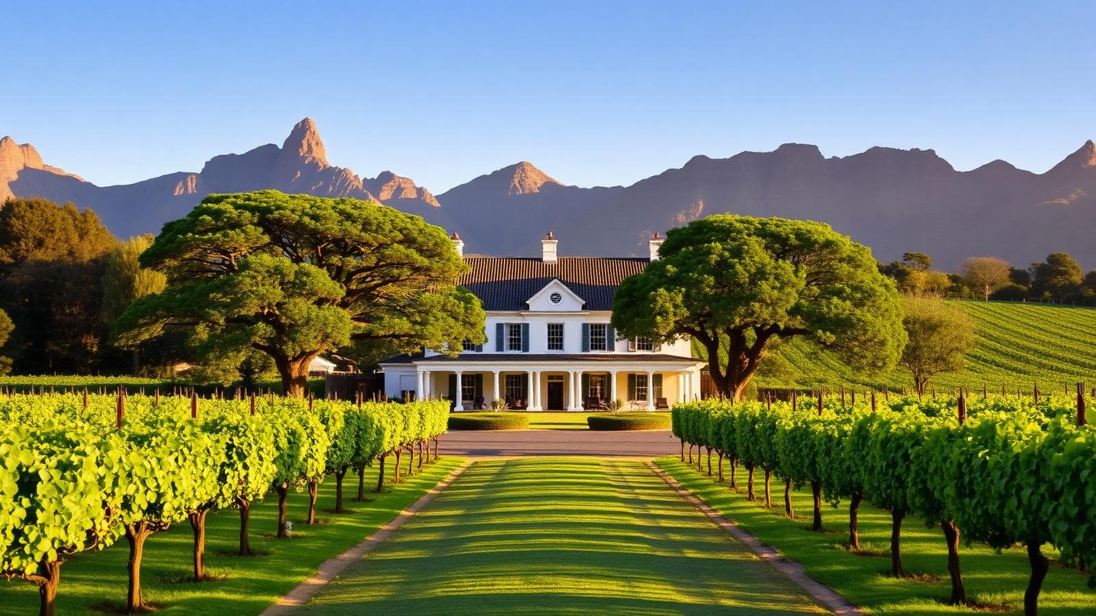 Constantia Cape Town wine estate manor house with vineyards and mountain backdrop — best area for wine, gardens and family villas