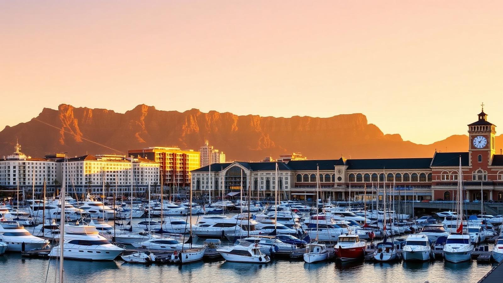V&A Waterfront Cape Town harbour and hotels at golden hour with Table Mountain — best area to stay for first-time visitors