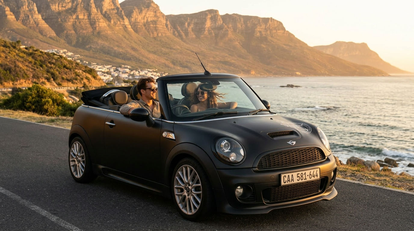 Matt-black Mini Cooper R57 convertible on a Cape Town coastal road at golden hour