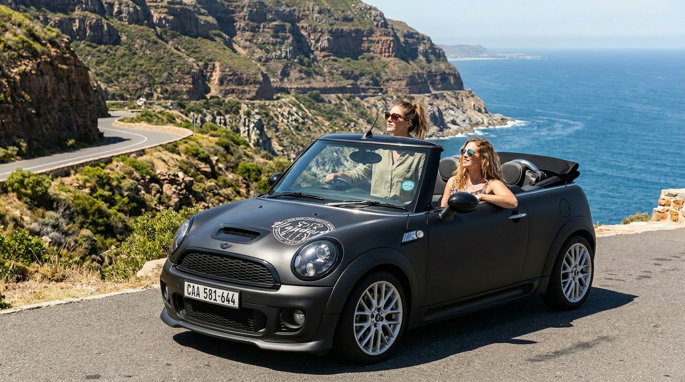 Matt-black Mini Cooper S R57 convertible for self-drive hire in Cape Town