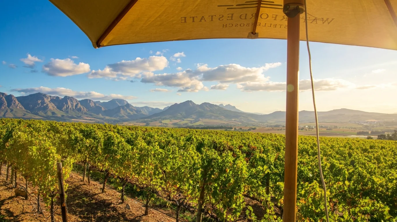 Private Cape Town Wine Tour — Stellenbosch vineyards at golden hour with Cape Winelands mountains — Wanderer Tours and Travel
