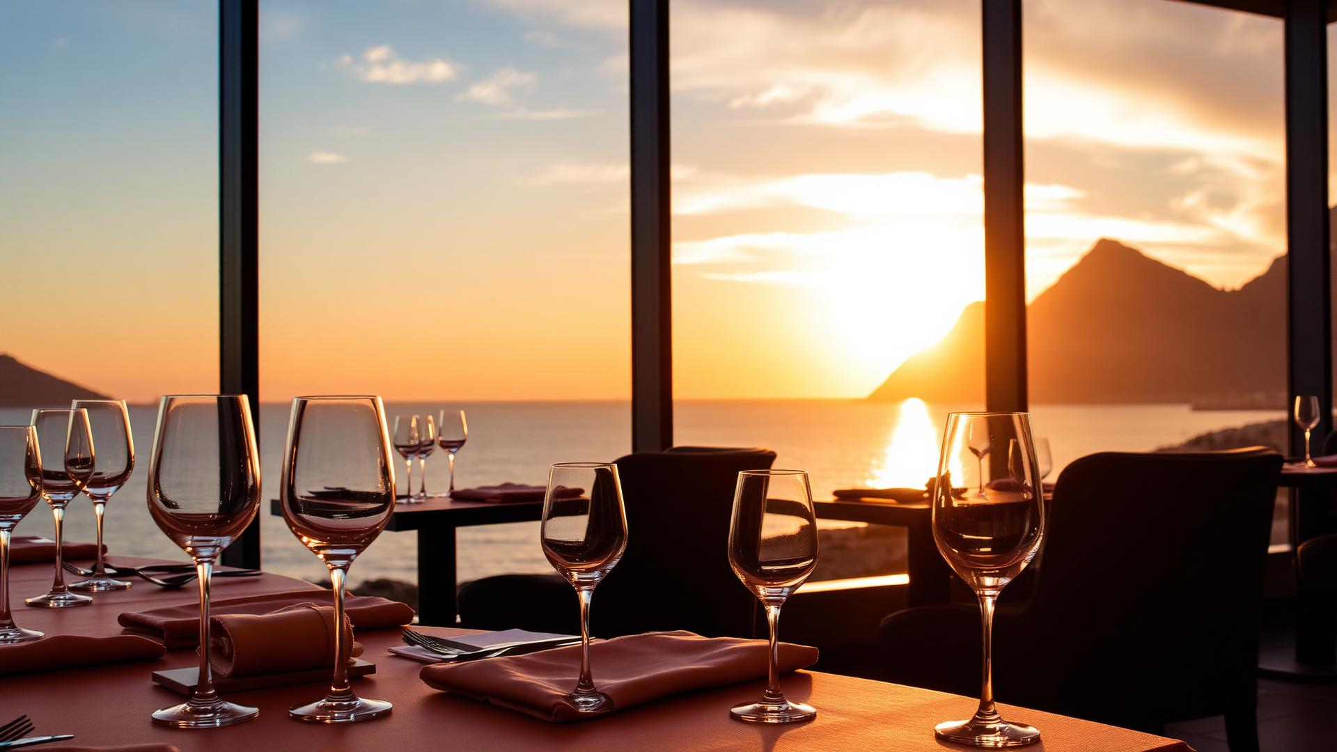 Cape Town restaurant table at golden hour with ocean and mountain view